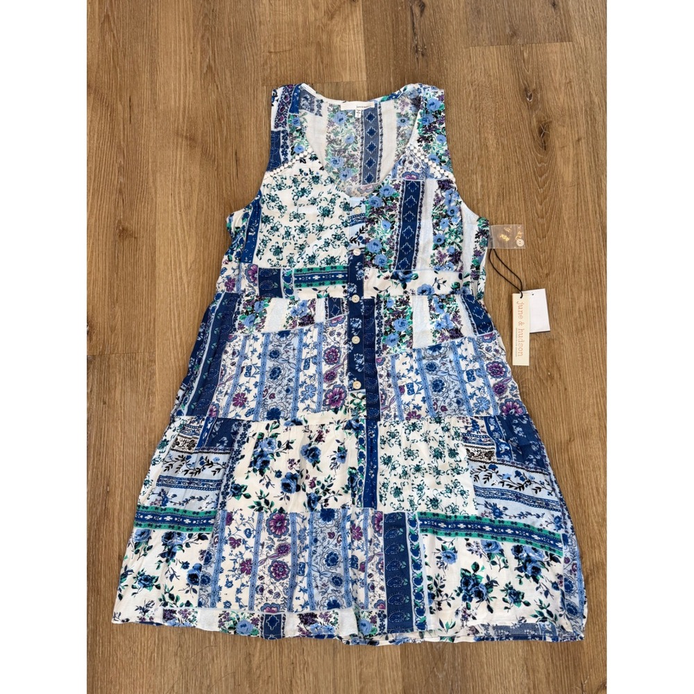 June & Hudson Mini Dress Womens L Blue Patchwork Floral Tiered Boho Cottagecore